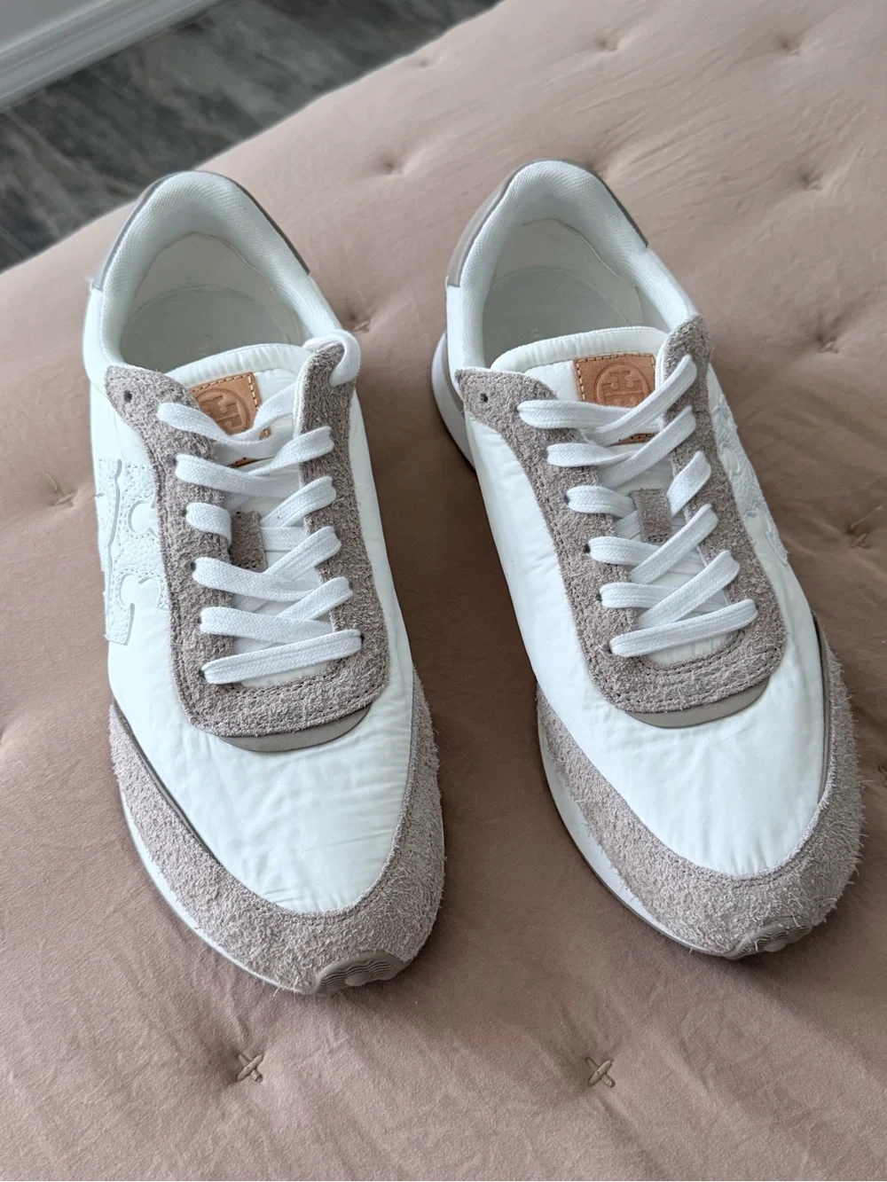 Tory Burch White and Beige Suede-Trim Sneakers